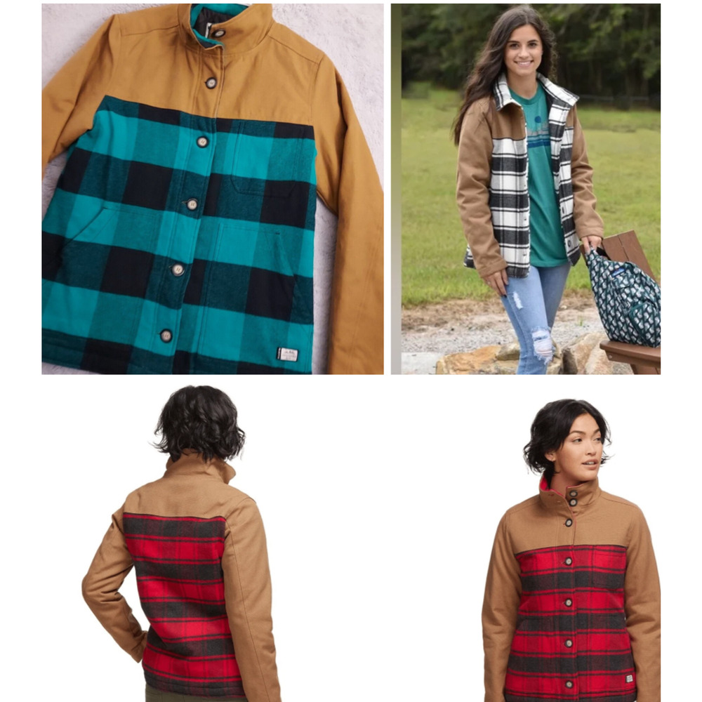 Kavu Highlands Jacket S Canvas Flannel Teal black Tan Buffalo Plaid Quilted New